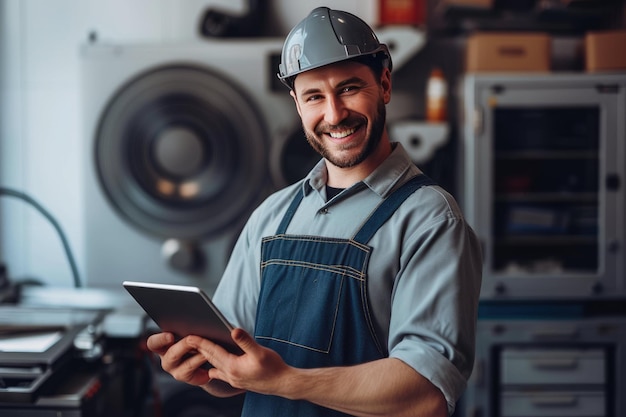 a smiling man in a hard hat holding a tablet