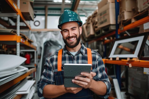 a smiling man in a hard hat holding a tablet