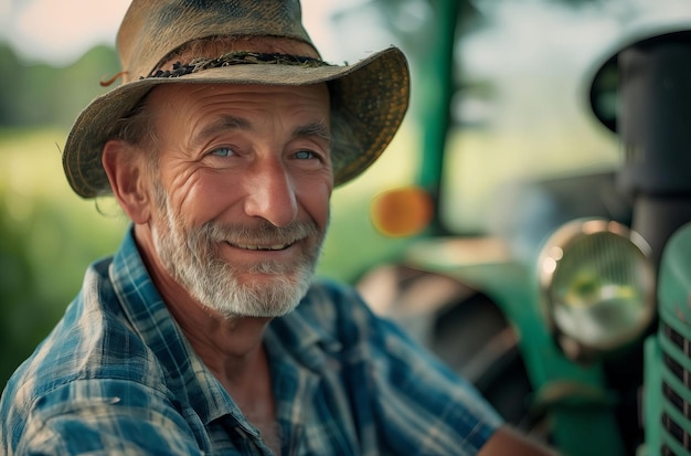 A smiling man in a hat sitting on a tractor