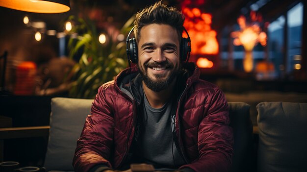 smiling man in headphones listening to music on mobile phone