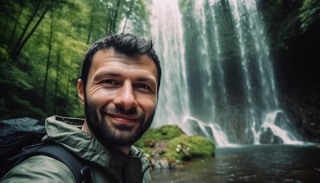 A smiling man hiking in the forest enjoying nature beauty generated by artificial intelligence