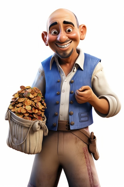 Foto uomo sorridente con una borsa di monete d'oro