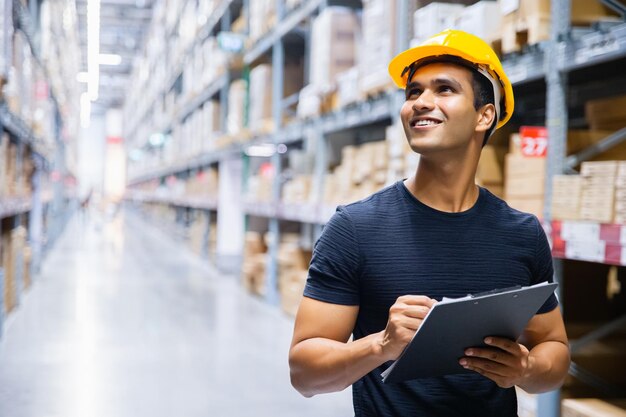 Smiling man holding clipboard while standing in warehouse