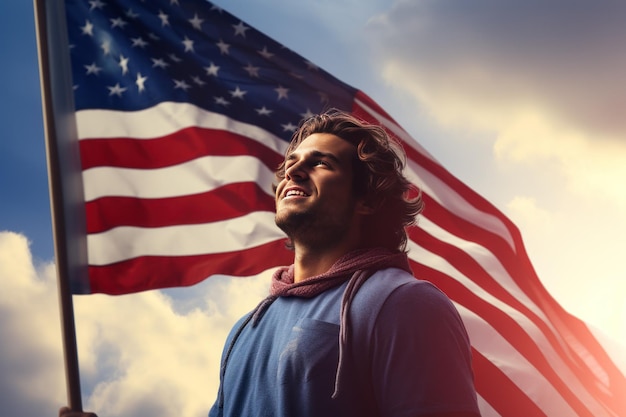 笑顔の男が空に向かってアメリカ国旗を掲げている