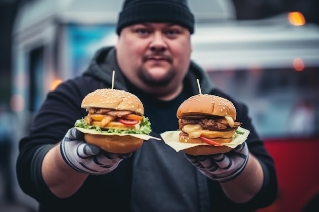 Smiling man holds several burgers in his hands against the background of a food truck in the evening