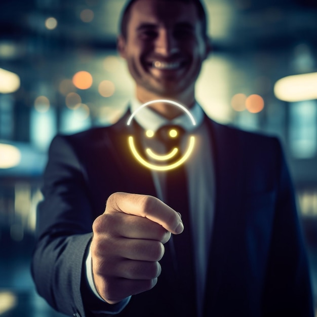 Foto un uomo sorridente tiene in mano una faccina sorridente con sopra una faccina sorridente.