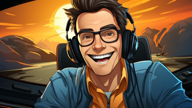 Smiling Man Listening to Headphones at Computer