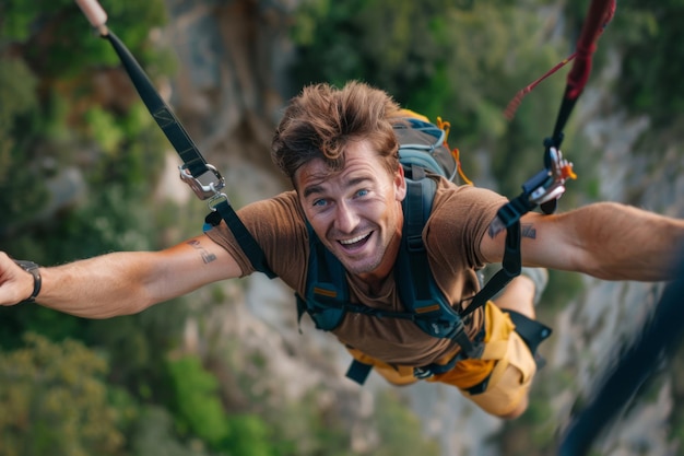 Smiling man looking at his smartphone while doing a bungee jump Generative AI