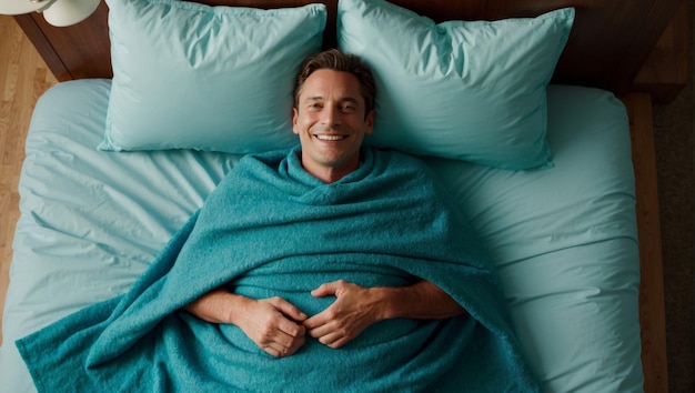 Photo smiling man lying on his bed