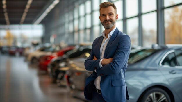 A smiling man manager in a suit with arms crossed stands confidently in a car dealership showroom