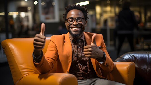 Smiling man in orange jacket sitting in orange chair giving thumbs up generative ai