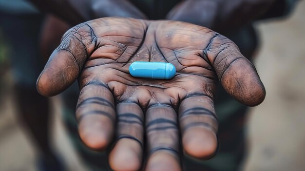 Foto la mano di un uomo sorridente che tiene una pillola blu su uno sfondo sfocato con ampio spazio per il posizionamento del testo