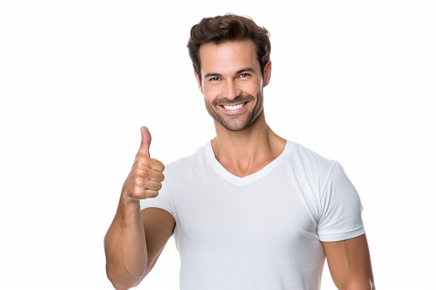 A smiling man shows his thumbs up with a thumbs up sign in his hand.