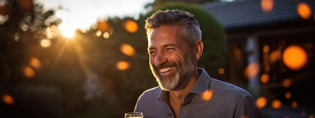 Smiling man sits at a table during an outdoor evening party in a home's backyard