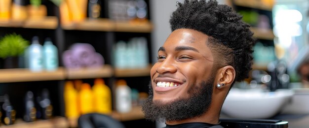 Smiling Man Sitting in Barber Shop