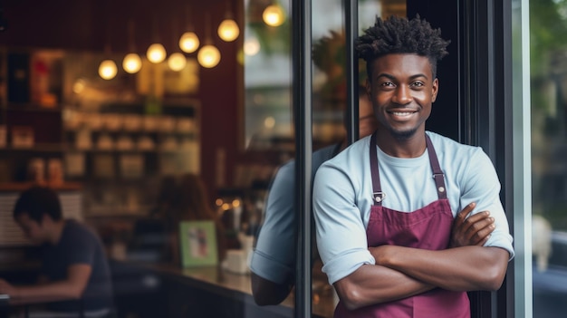 Photo smiling man small business owner in apron standing confidently in front of a cafe with warm lighting and blurred interior details in the background