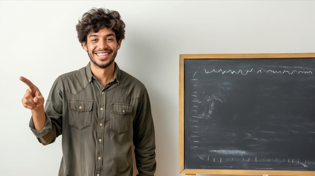 A smiling man standing in front of a blackboard