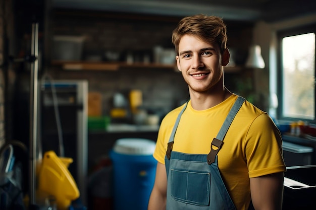 写真 アパートのキッチンに立っている笑顔の男