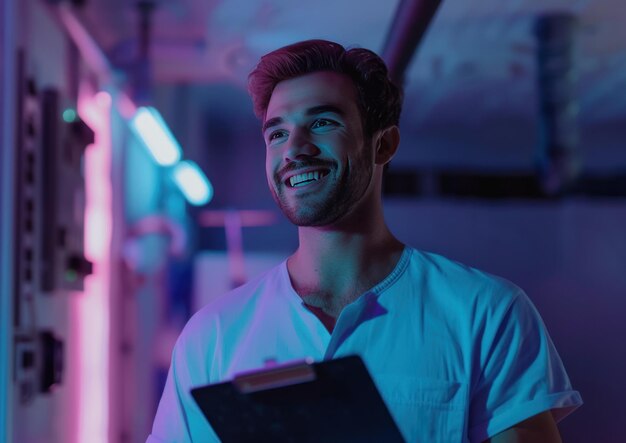 Foto un uomo sorridente in piedi in una stanza con un clipboard