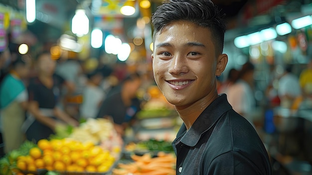 a smiling man stands in front of a fruit stand