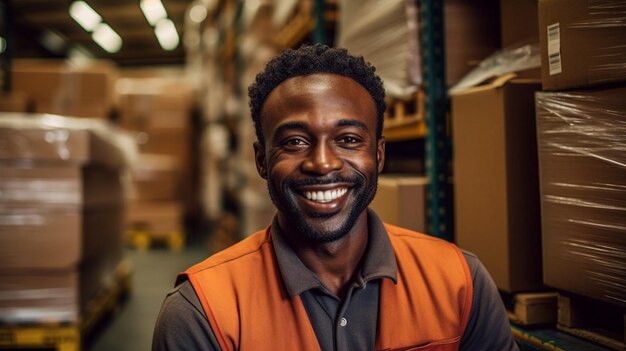 A smiling man stands in a warehouse with a large smile on his face.