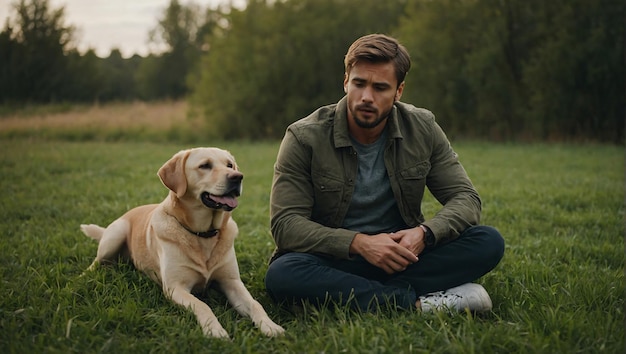 Smiling man staring dog while sitting at public park generative by Ai