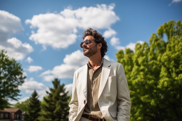 Foto uomo sorridente in abito che si gode la luce solare all'aperto