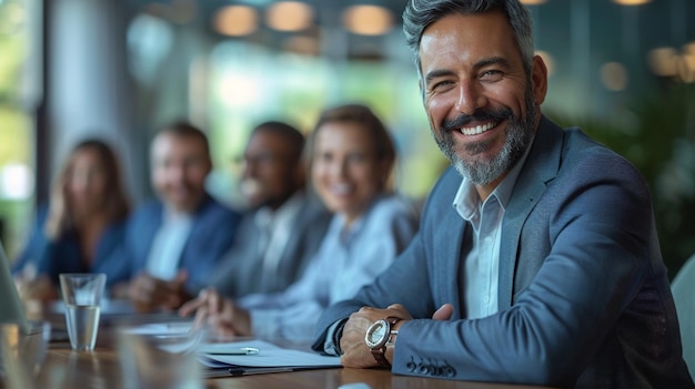 smiling man in suit sitting at a table with other people generative ai