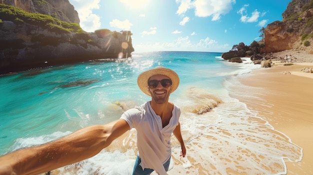 Photo smiling man taking a selfie on a sunny beach with turquoise waters