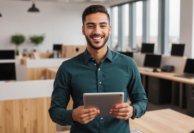 A smiling man in a teal shirt confidently uses a digital pad in a modern office space