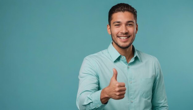 A smiling man in a teal shirt giving a thumbs up his cheerful demeanor is inviting