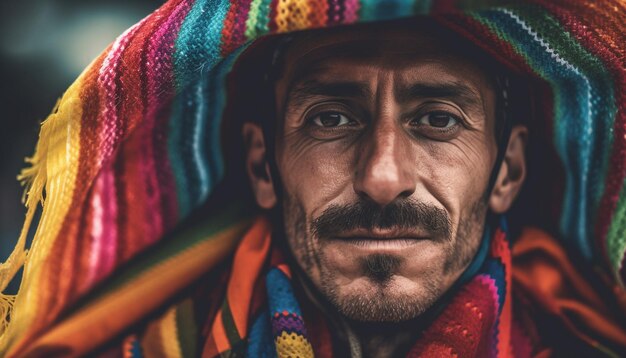 A smiling man in traditional clothing looking at camera generated by artificial intelligence