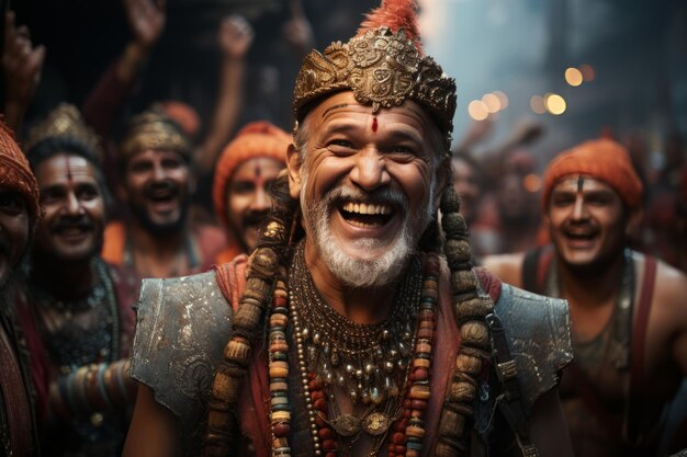 a smiling man in a traditional indian costume is surrounded by other men