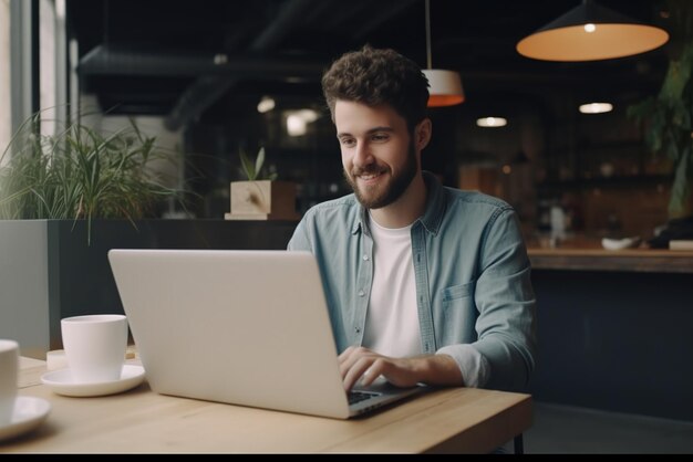 Smiling man using laptop in cafe