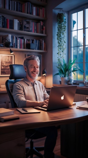 Smiling man using laptop at home