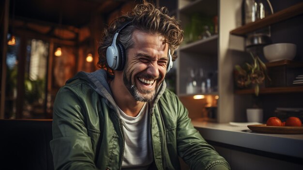 smiling man using mobile phone in kitchen at home