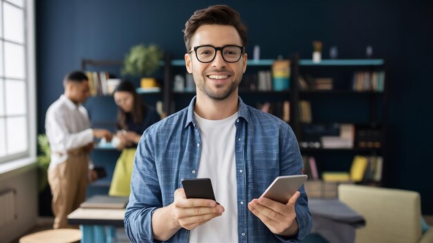 Smiling man using wireless devices