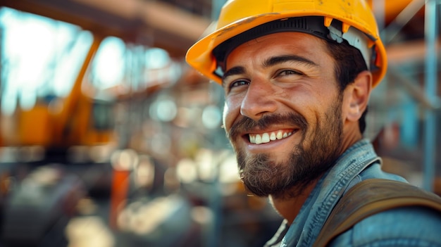 写真 ハードヘットと安全ベストを着た笑顔の男性建設ゾーンの背景