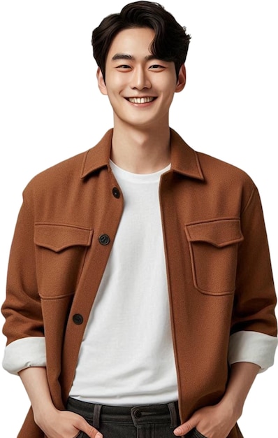 a smiling man wearing a brown jacket and a white shirt