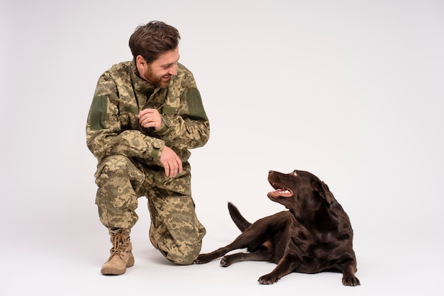 Smiling man wearing military camouflage uniform training Labrador dog isolated on white background