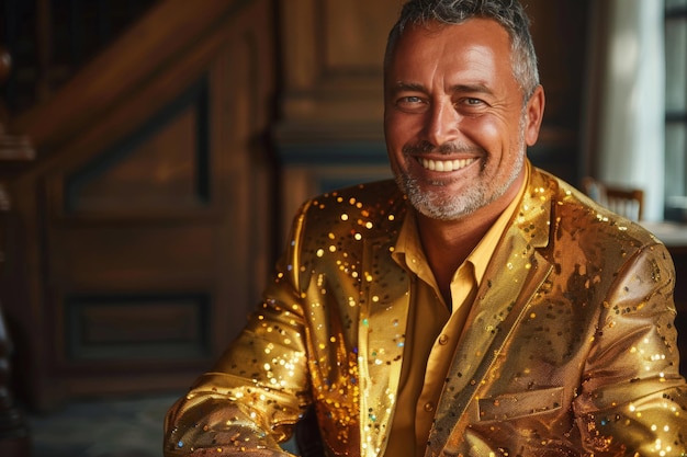 Photo smiling man wearing sparkling golden jacket