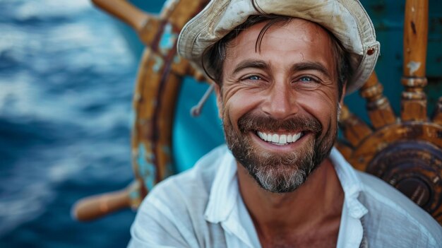 Smiling Man in White Shirt and Hat