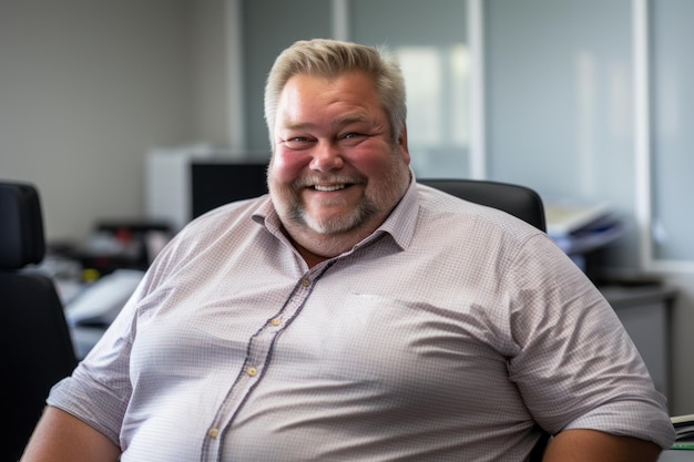 a smiling man in a white shirt sitting in an office