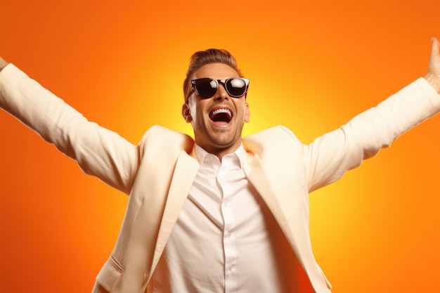 Smiling Man in White Suit with Sunglasses