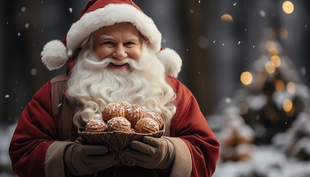 Smiling man in winter holds Christmas gift generated by AI