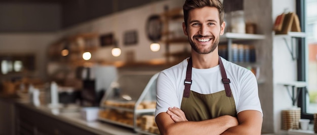 smiling man with apron preparing coffee for customer in his small business