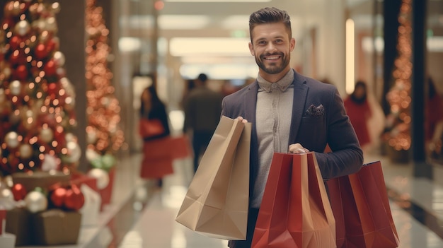 Улыбающийся человек с рождественскими подарками в торгах в торговом центре Рождественская концепция продажи