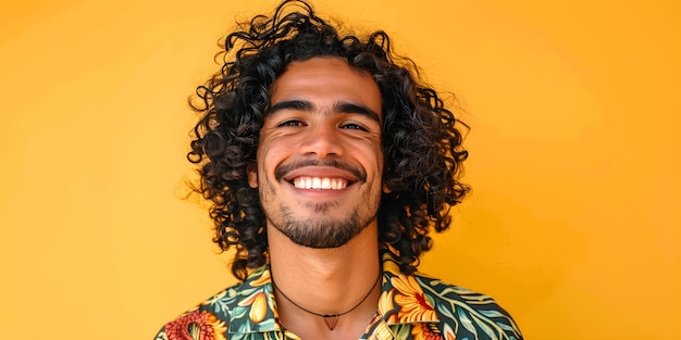 Smiling man with curly hair poses against vibrant yellow backdrop cheerfully Concept Outdoor Photoshoot Colorful Props Joyful Portraits Playful Poses