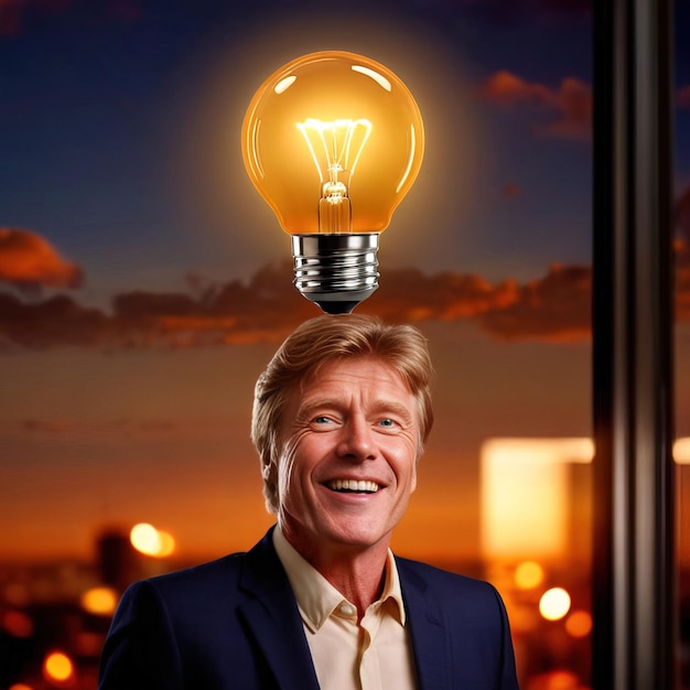 Photo smiling man with glowing lightbulbs showing inspiration creativity and ideas