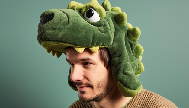 Photo smiling man with a green animal head toy generated by ai